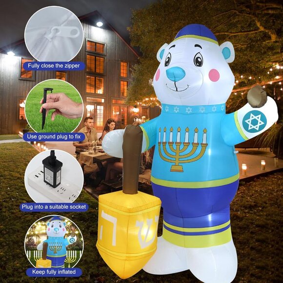 8FT Polar Bear Hanukkah Inflatable with LED Lights for Yard Lawn Patio Decor - Picture 6 of 7